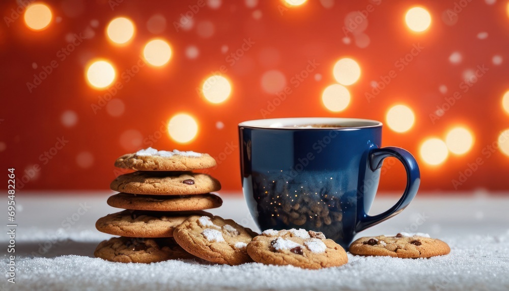 Poster a cup of coffee next to a stack of cookies and a pile of cookies on a table with lights in the backg