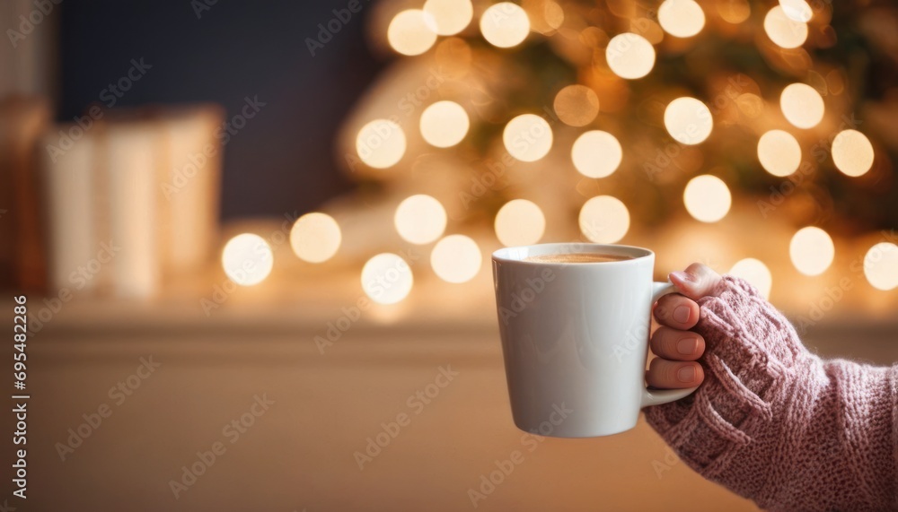 Poster a person holding a cup of coffee in front of a christmas tree with a lite - up tree in the backgroun