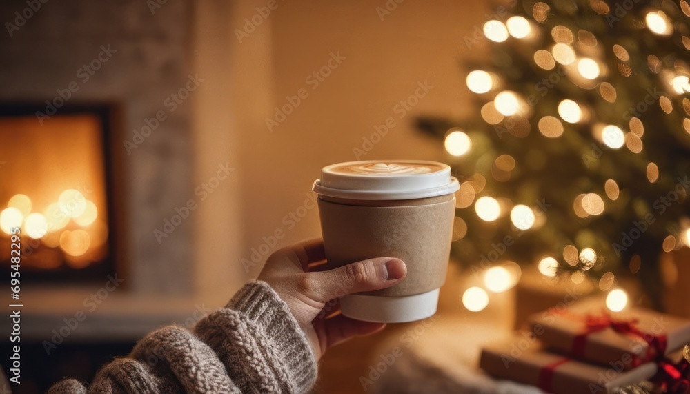 Poster  a person is holding a cup of coffee in front of a christmas tree with a lit fireplace in the background.