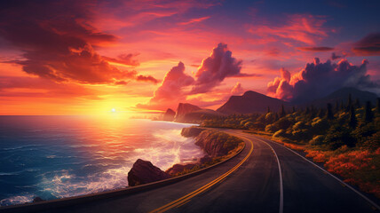 highway landscape at a colorful sunset, showcasing the road against the vibrant sky, leading to a mesmerizing view of the sea.