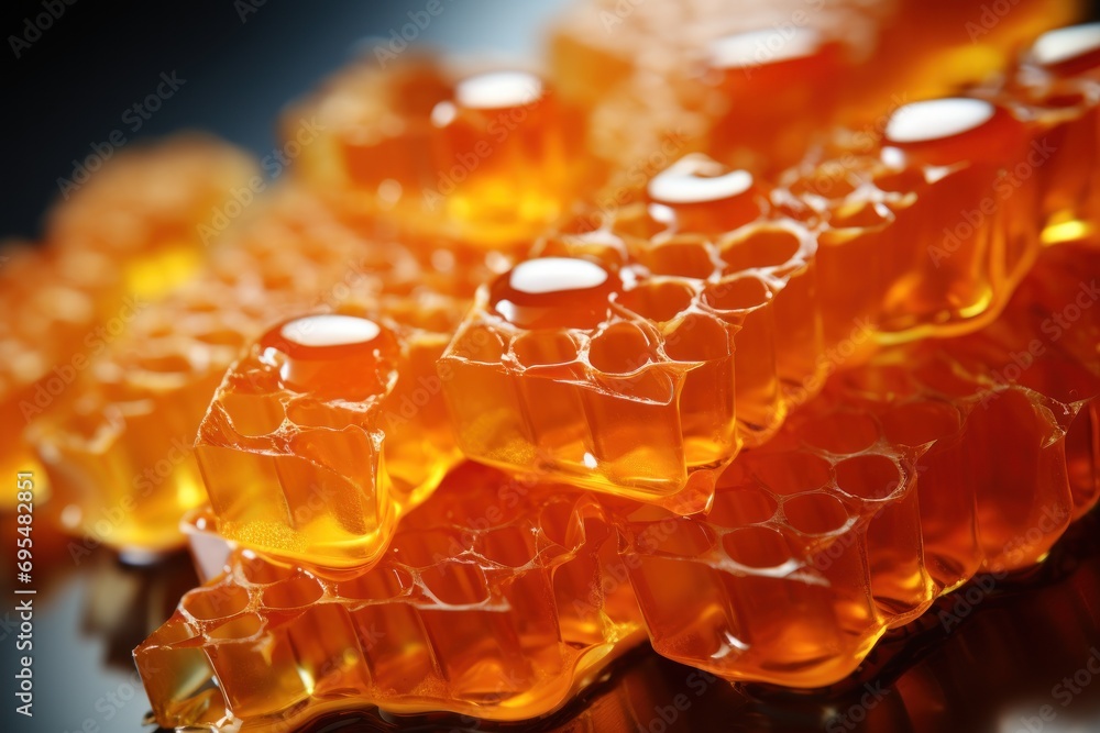 Poster a group of honeycombs sitting next to each other on a black surface with a reflection of the honeyco