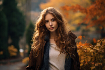 Generative ai photo of gorgeous stunning lady walking in autumn park