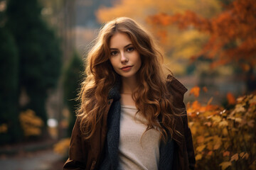 Naklejka premium Generative ai photo of gorgeous stunning lady walking in autumn park