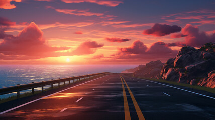 A highway landscape at a colorful sunset, showcasing the road against the vibrant sky, leading to a mesmerizing view of the sea.