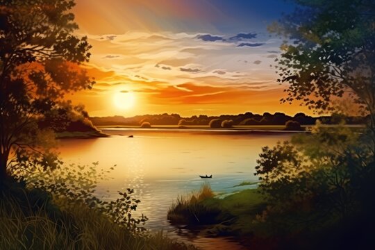  a painting of a sunset over a body of water with a boat in the foreground and trees on the other side of the water, and a boat in the foreground.