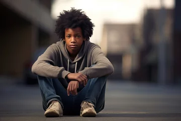 Foto op Plexiglas Young teen boy feeling lonely and sad on a street © blvdone