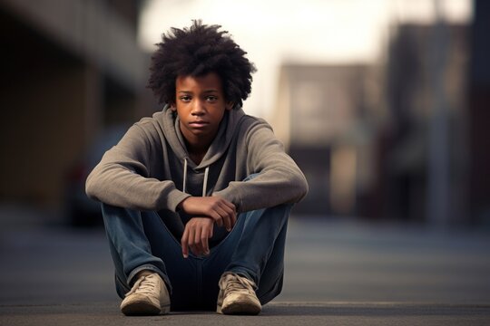 Young teen boy feeling lonely and sad on a street
