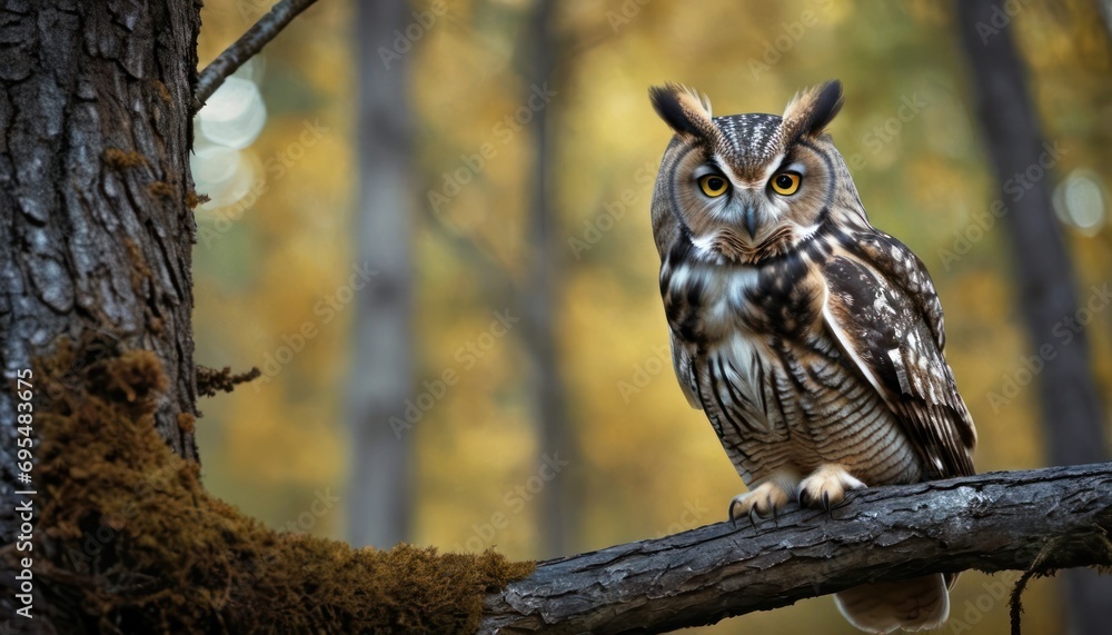 Aufkleber an owl sitting on top of a tree branch in the middle of a forest with yellow and green trees in the 
