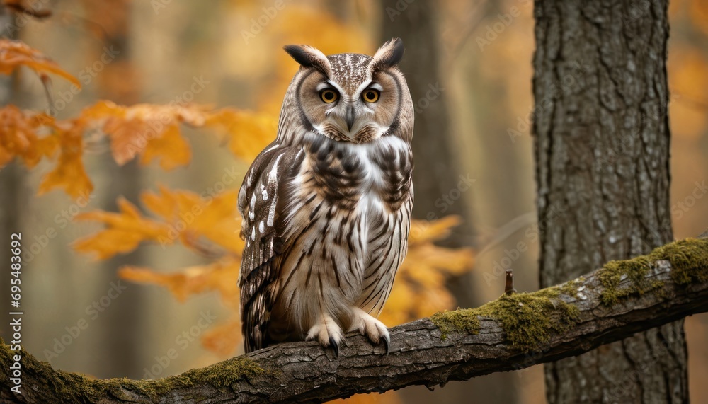 Poster an owl sitting on top of a tree branch in front of a forest filled with trees with yellow and orange