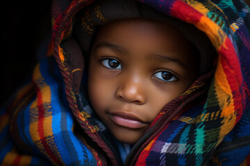 AI generated portrait of cute adorable cheerful child wrapped in warm colorful blanket in bed at home