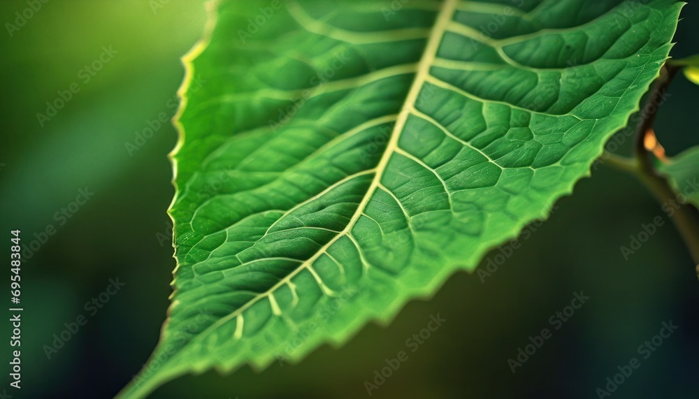 Poster a close - up of a green leaf with a blurry backround in the background of the image.