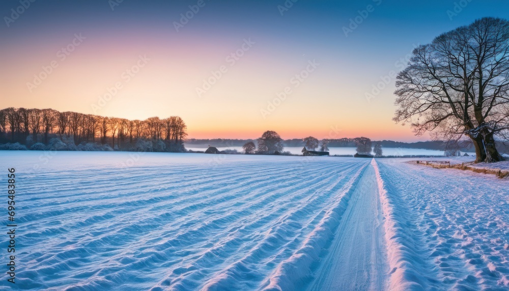 Poster a snow covered field with a lone tree in the foreground and a line of trees on the other side of the