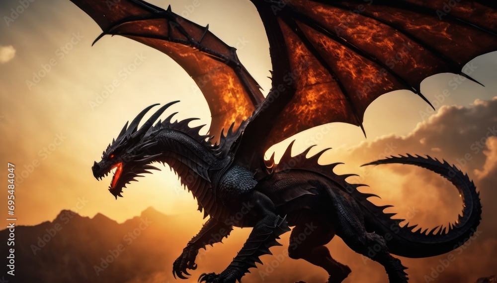Poster a statue of a dragon on a rock with a sunset in the background and clouds in the sky in the foregrou