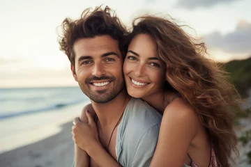 Foto auf Alu-Dibond Generative AI picture of cheerful beautiful couple enjoying vacation on a tropical beach © Tetiana