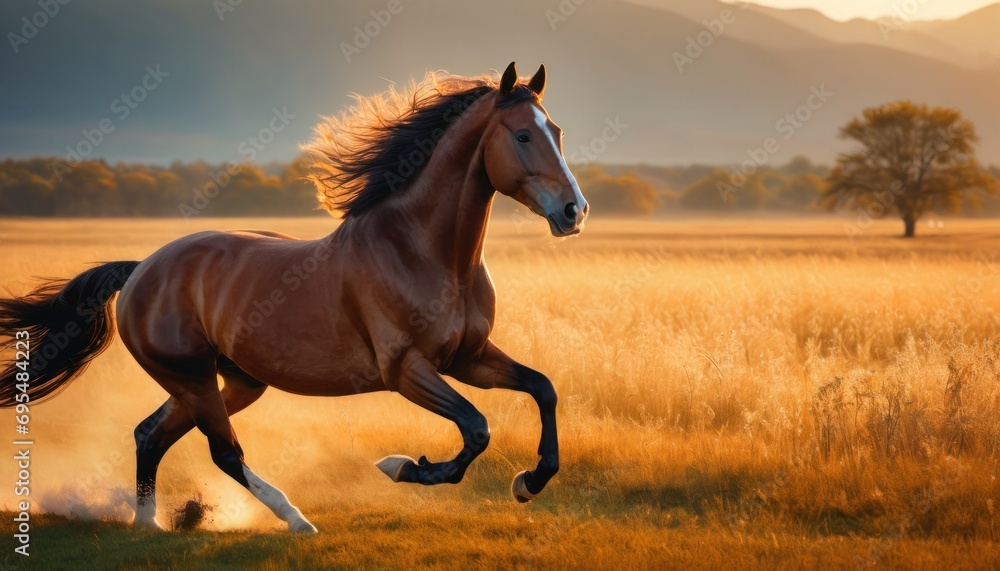 Aufkleber a horse is galloping through a field with a sunset in the background and a tree in the foreground.
