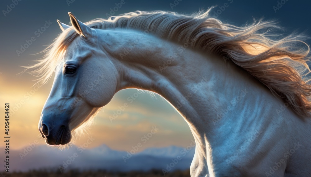 Poster a white horse with a long mane standing in a field with mountains in the background and clouds in th