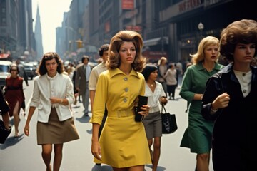 Fashionable crowd of people walking in the 1960s