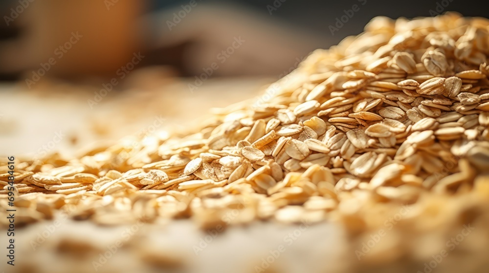 Poster a pile of rolled oats sitting on top of a table next to another pile of rolled oats sitting on top o
