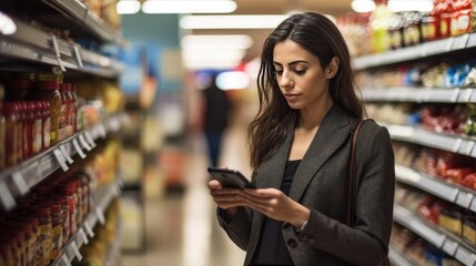 Young woman using smartphone at super shop