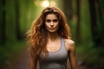 Naklejka premium Generative ai image of healthy sporty girl running in green forest in morning
