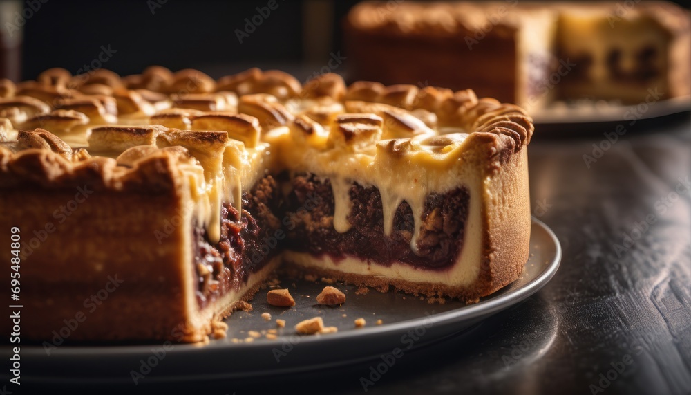 Poster a close up of a cake on a plate with a slice taken out of it and the rest of the cake in the backgro
