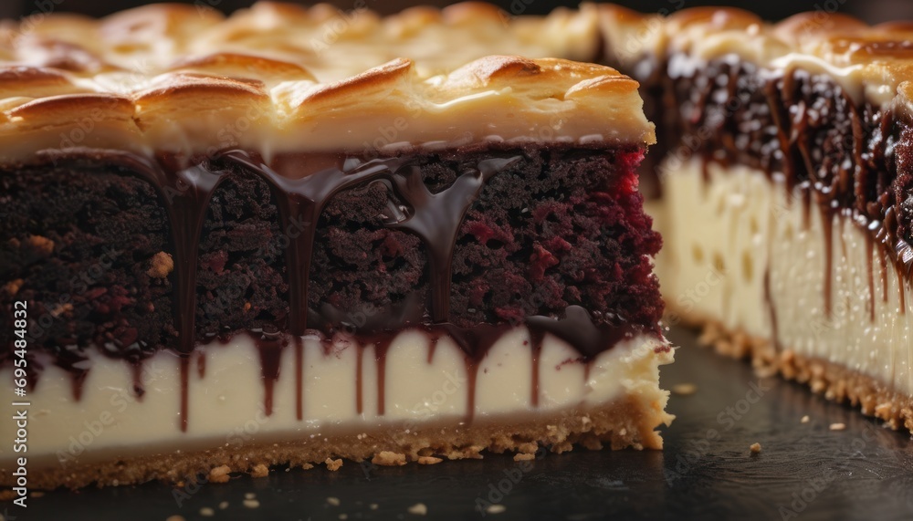 Poster a close up of a piece of cake on a plate with a slice taken out of it and the rest of the cake in th