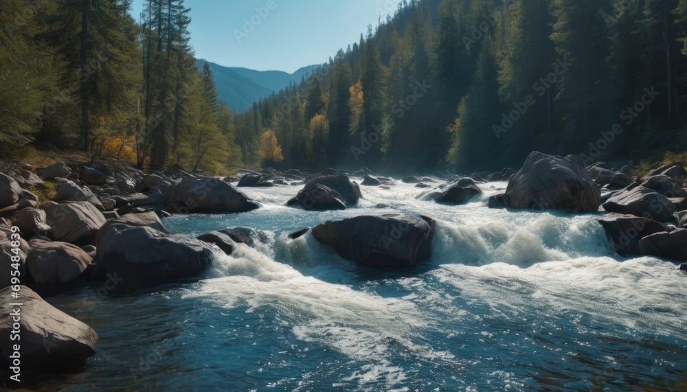 Aufkleber a river running through a forest filled with lots of rocks and water surrounded by pine trees on bot