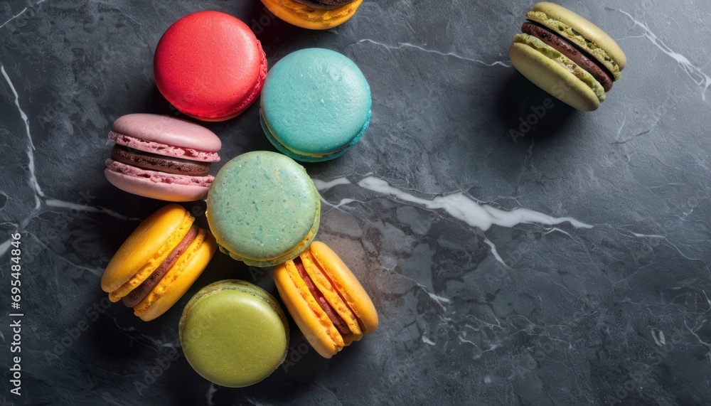 Poster a group of macaroons sitting next to each other on a marble surface with one macaroon in the middle 