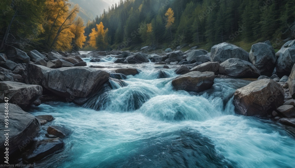 Poster a river running through a forest filled with lots of rocks and a forest filled with lots of green an