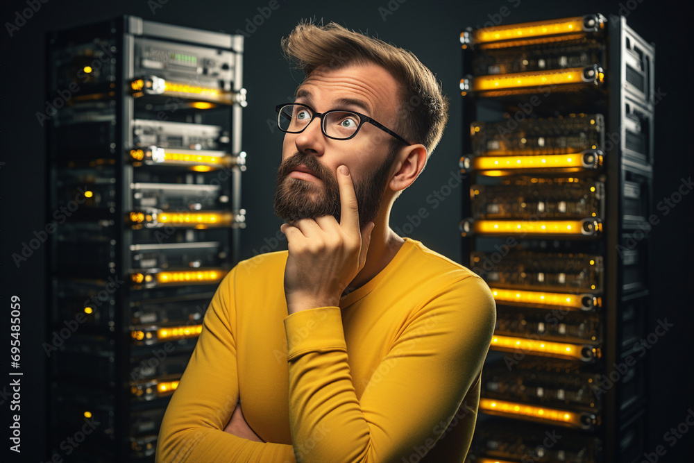 Poster generative ai image of successful it specialist working in data center cyber security company