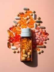 Variety of pills and capsules with medicine bottles, healthcare and pharmaceutical concept