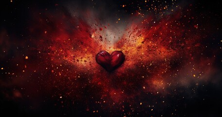 Fiery Passion: A burning, fragmented heart amidst a dark, mysterious atmosphere
