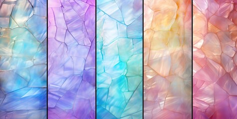 a collection of colorful, abstract and textured glass panels illuminated by elegant light