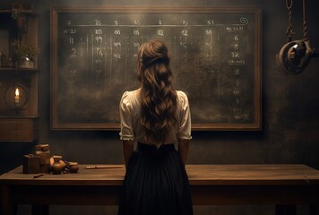 A young student observes complex math and science concepts written on a blackboard and illuminated by a mysterious light - obrazy, fototapety, plakaty