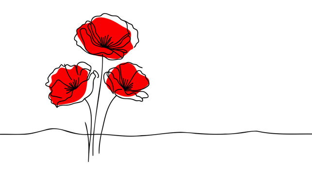 Poppy flowers in continuous line art drawing style. Doodle floral border with two flowers blooming among grass.