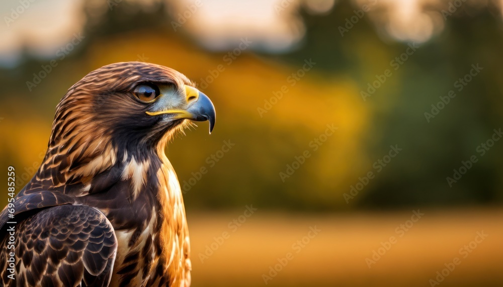 Poster a close up of a bird of prey with a blurry background of trees and a field in the background.