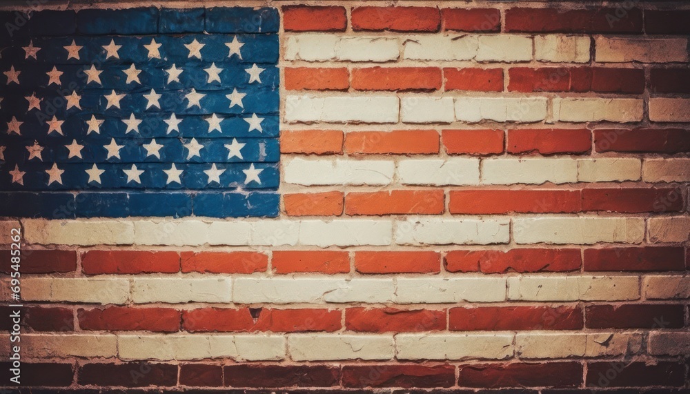 Canvas Prints  a brick wall with an american flag painted on it and the colors of the american flag are red, white, and blue.