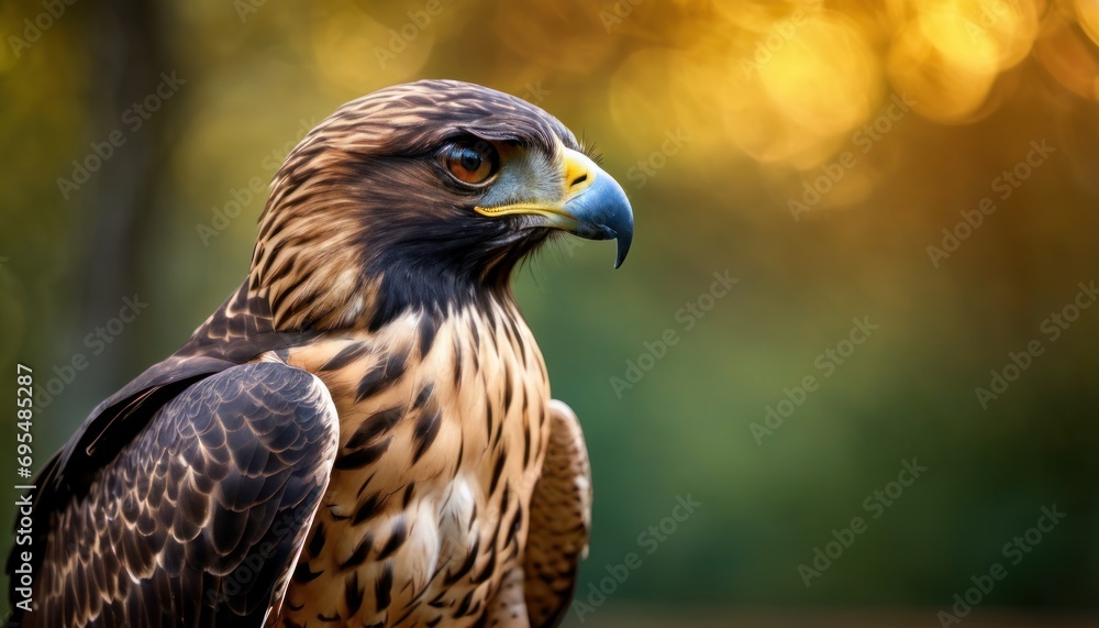 Poster a close up of a bird of prey on a tree branch with a blurry background of trees and leaves.