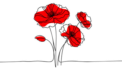 Poppy flowers in continuous line art drawing style. Doodle floral border with two flowers blooming among grass.