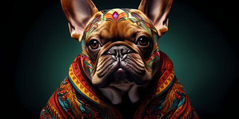  portrait of A buldog is dressed up in a colorful sweater, Canine Couture: Stylish Pup in Colorful Sweater - obrazy, fototapety, plakaty