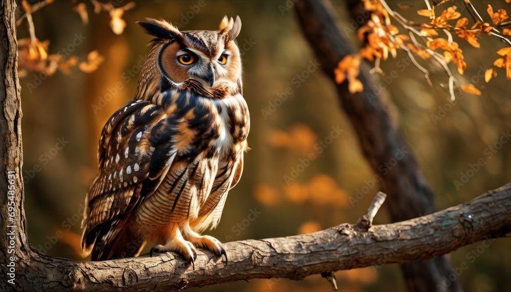 Poster an owl sitting on top of a tree branch in front of a tree filled with orange and yellow leaves on a 