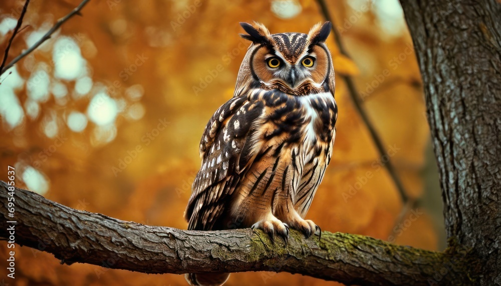 Aufkleber an owl sitting on top of a tree branch in front of a yellow and brown tree branch with leaves in the