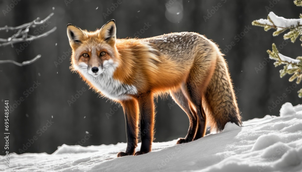 Poster a red fox stands in the snow in front of a wooded area with snow on the ground and trees in the back