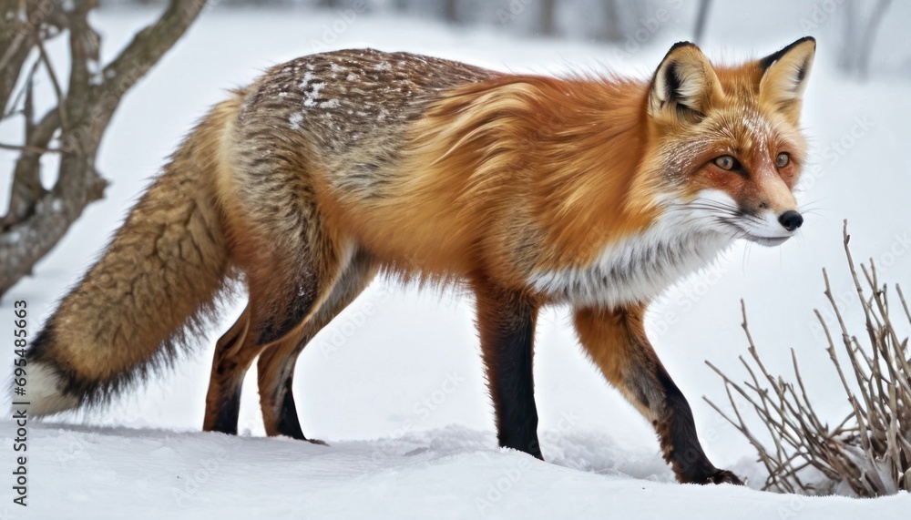 Poster a close up of a fox standing in the snow near a tree and shrubbery with snow on the ground.
