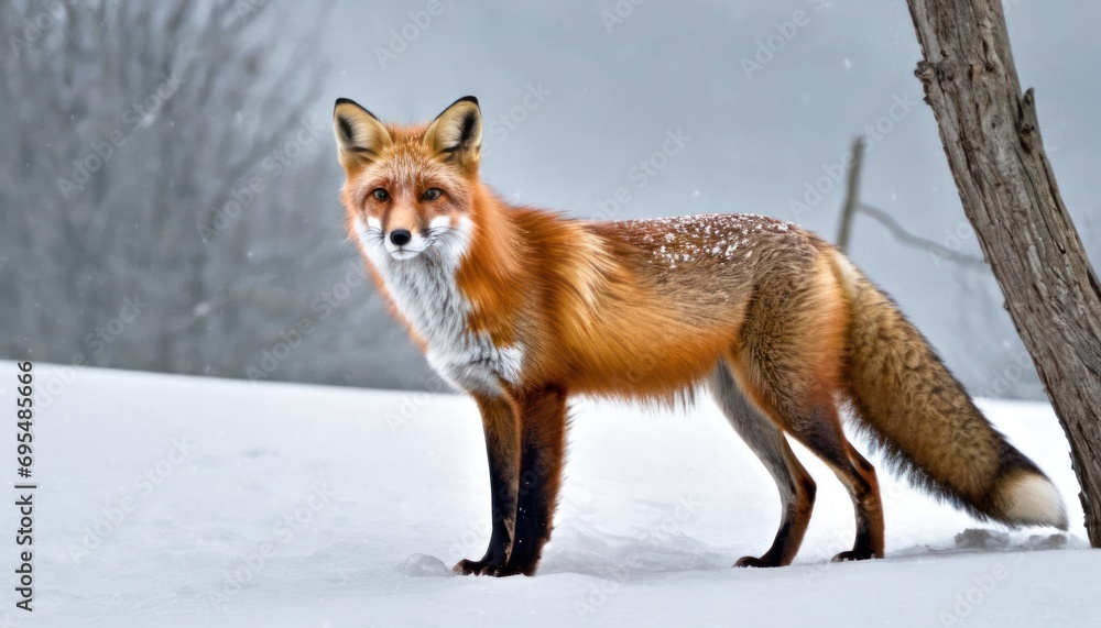 Poster  a red fox standing next to a tree in a snow covered field with snow falling on it's branches.