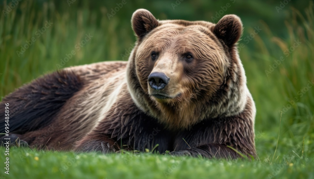 Poster a close up of a bear laying in a field of grass with tall grass behind it and trees in the backgroun