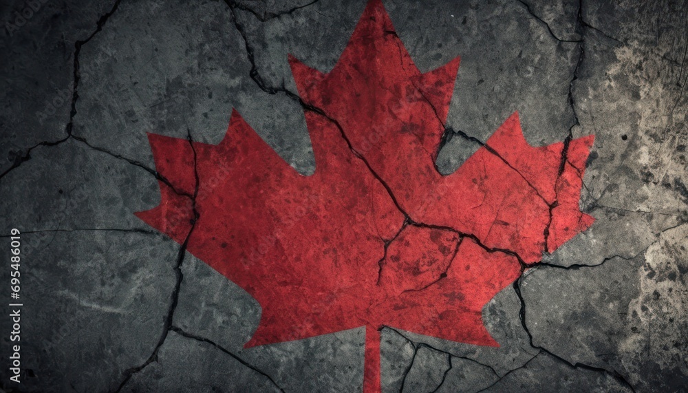Poster a picture of a red maple leaf on a cracked concrete surface with a grungy effect in the middle.