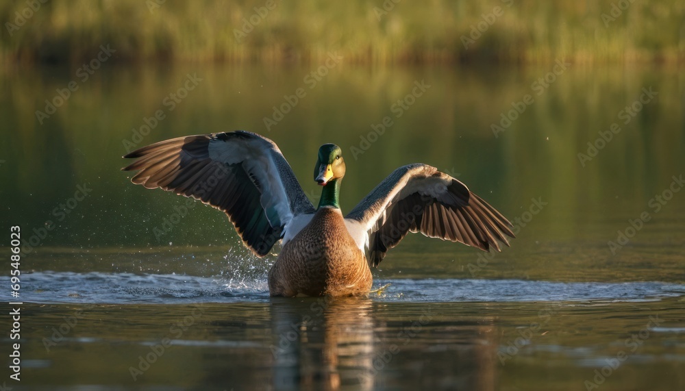 Poster a duck flapping it's wings while swimming in a lake with a reflection of the water in the background