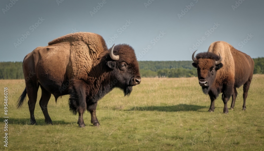 Poster two bison standing next to each other on a grass covered field with trees in the back ground and a b