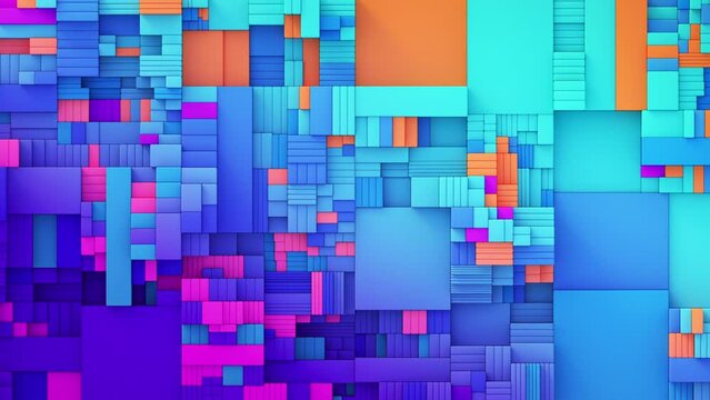 Colorful abstract background with squares and rectangles in blue, pink, and orange colors. Seamless loop 3D render animation